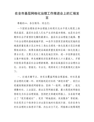 在全市基层网格化治理工作推进会上的汇报发言