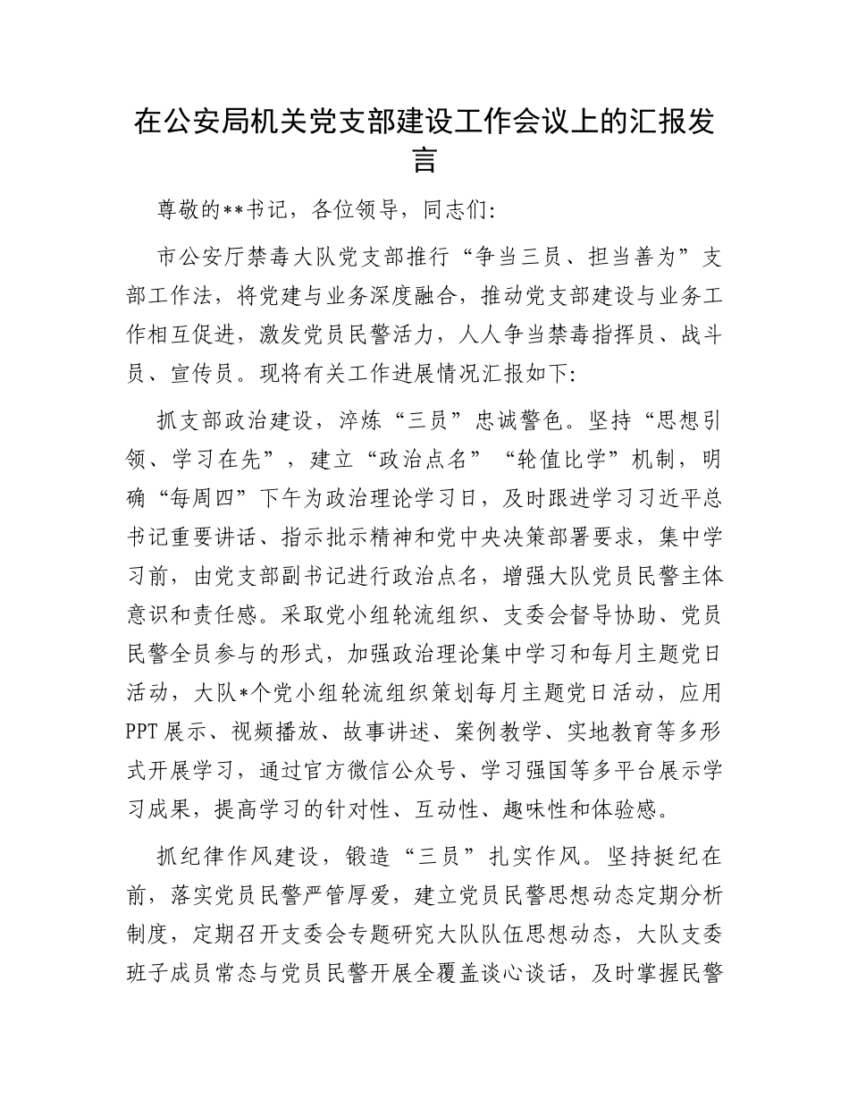 在公安局机关党支部建设工作会议上的汇报发言_第1页