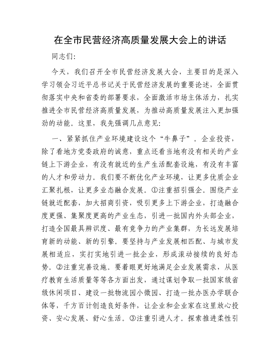 在全市民营经济高质量发展大会上的讲话_第1页