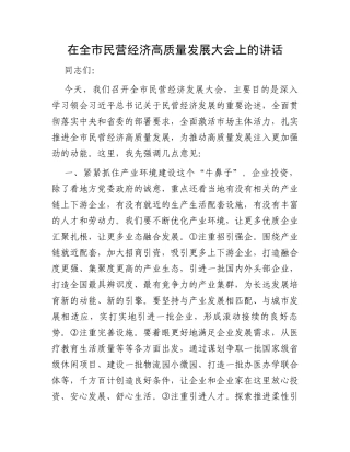 在全市民营经济高质量发展大会上的讲话