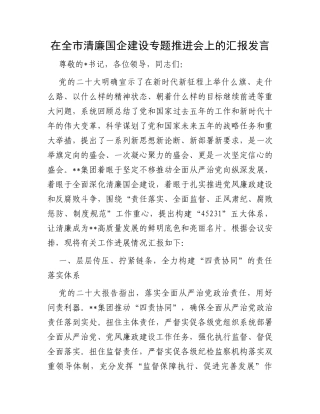 在全市清廉国企建设专题推进会上的汇报发言