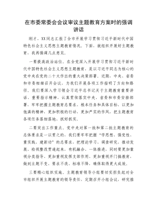 在市委常委会会议审议主题教育方案时的强调讲话
