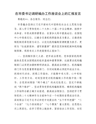在市委书记调研编办工作座谈会上的汇报发言