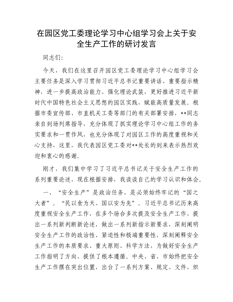 在园区党工委理论学习中心组学习会上关于安全生产工作的研讨发言_第1页