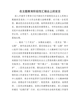在主题教育阶段性汇报会上的发言