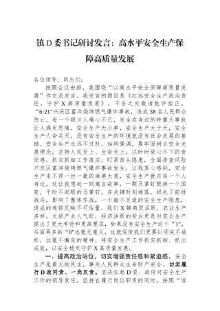 镇党委书记研讨发言：高水平安全生产保障高质量发展