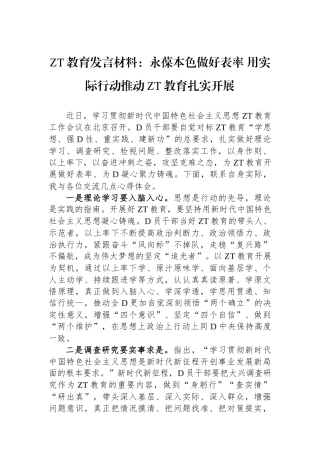 主题教育发言材料：永葆本色做好表率 用实际行动推动主题教育扎实开展