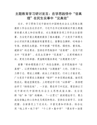 主题教育学习研讨发言：在学思践悟中“尝真理”在民生实事中“见真效”