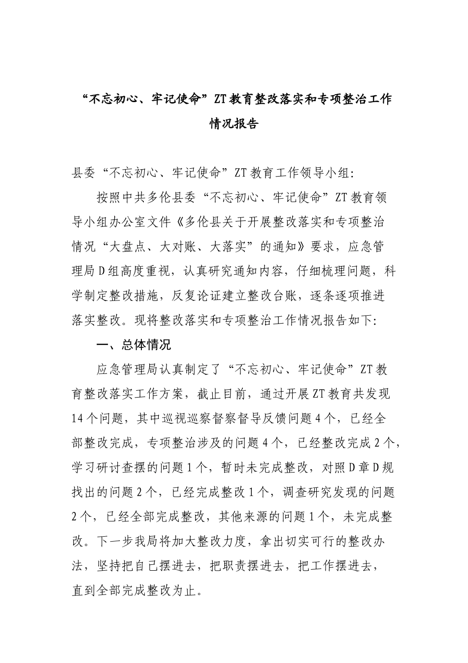 主题教育整改落实和专项整治工作情况报告_第1页