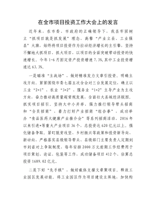 在全市项目投资工作大会上的发言