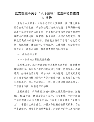 党支部班子关于“六个纪律”政治体检自查自纠报告
