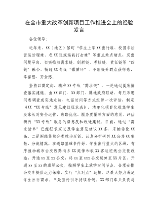 在全市重大改革创新项目工作推进会上的经验发言