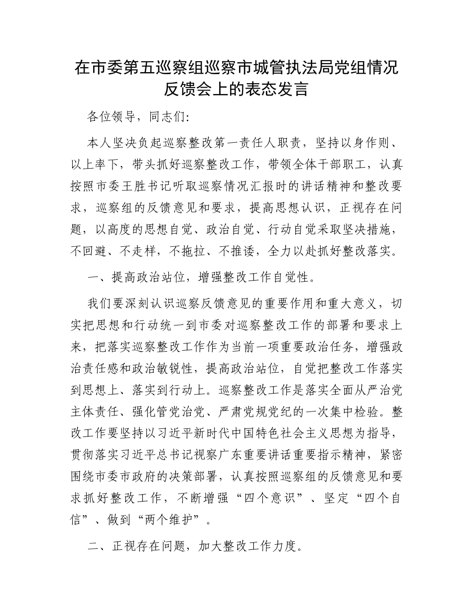 在市委第五巡察组巡察市城管执法局党组情况反馈会上的表态发言_第1页