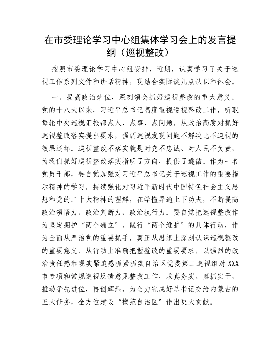 在市委理论学习中心组集体学习会上的发言提纲（巡视整改）_第1页