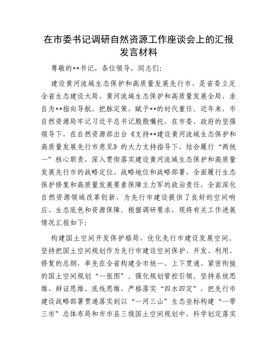 在市委书记调研自然资源工作座谈会上的汇报发言材料_第1页