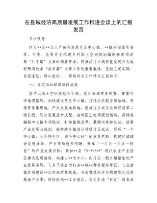 在县域经济高质量发展工作推进会议上的汇报发言