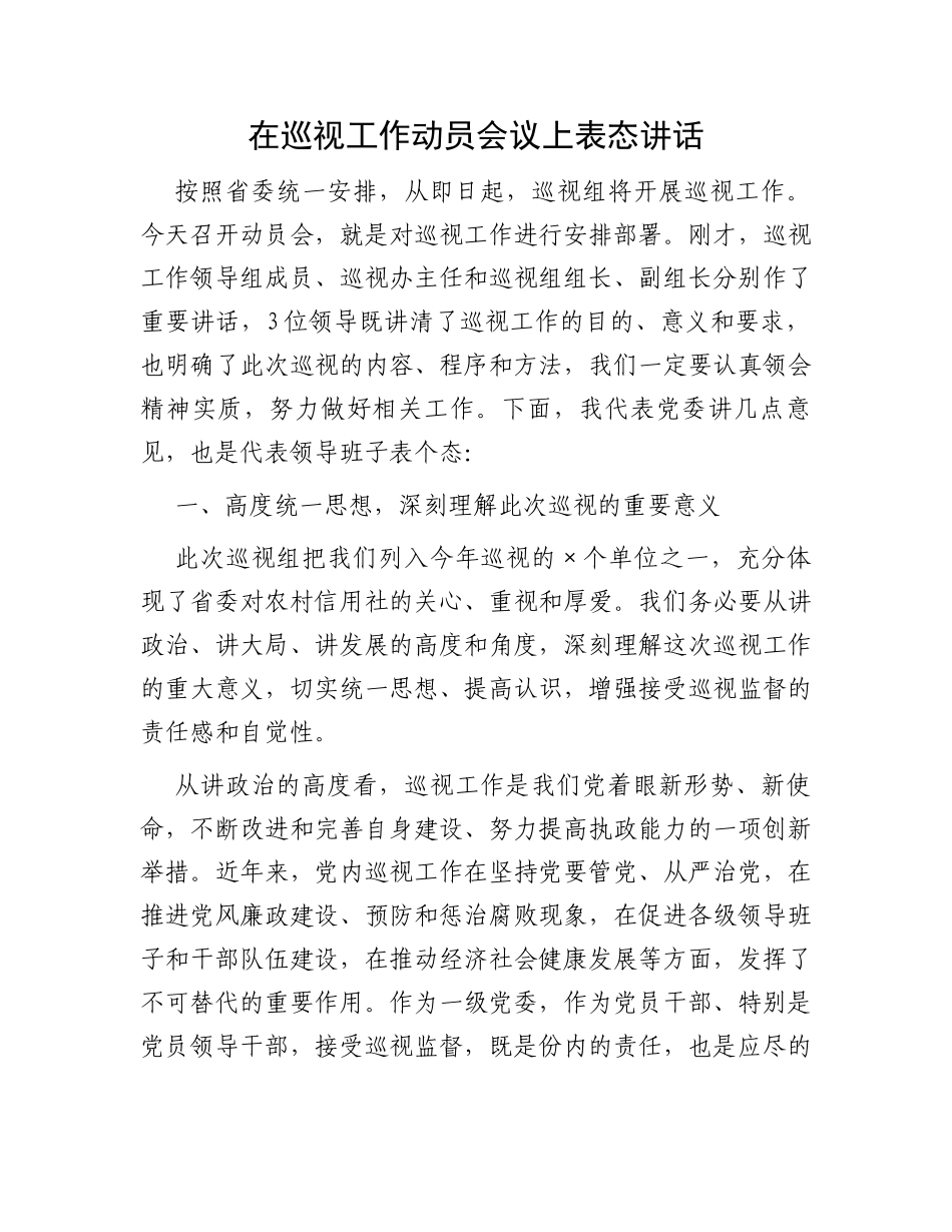 在巡视工作动员会议上表态讲话_第1页