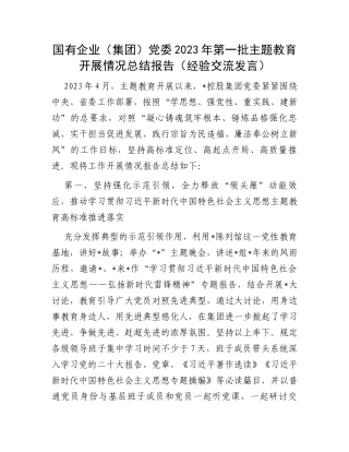 国有企业（集团）党委2023年第一批主题教育开展情况总结报告（经验交流发言）