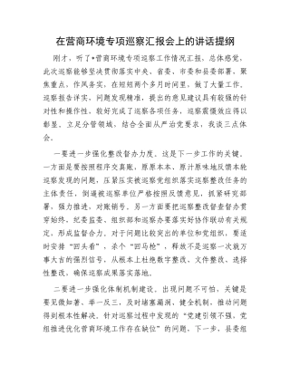 在营商环境专项巡察汇报会上的讲话提纲