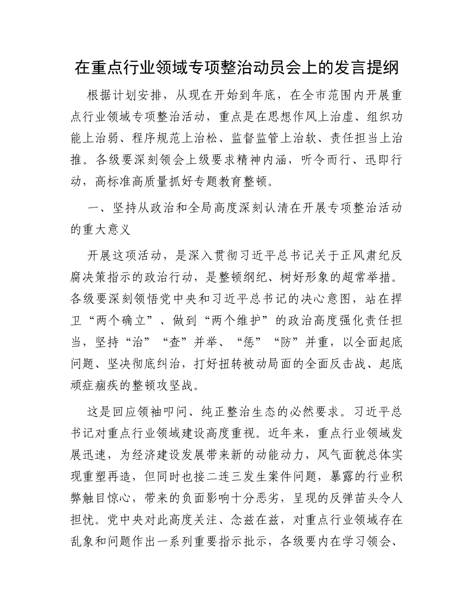 在重点行业领域专项整治动员会上的发言提纲_第1页