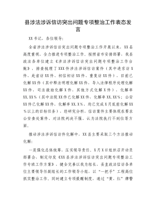 县涉法涉诉信访突出问题专项整治工作表态发言