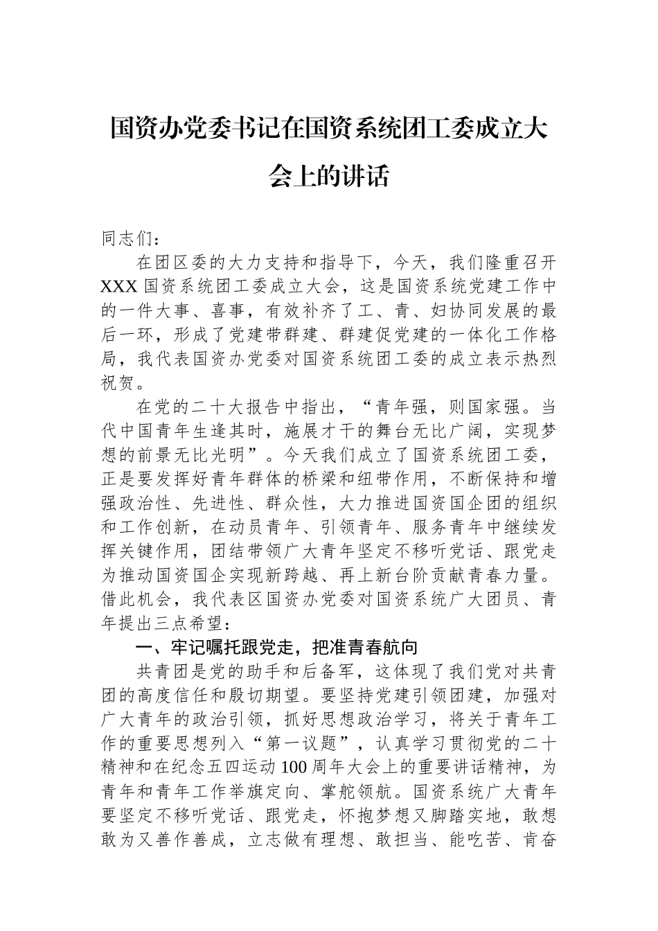 国资办党委书记在国资系统团工委成立大会上的讲话_第1页