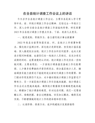 在全县统计调查工作会议上的讲话