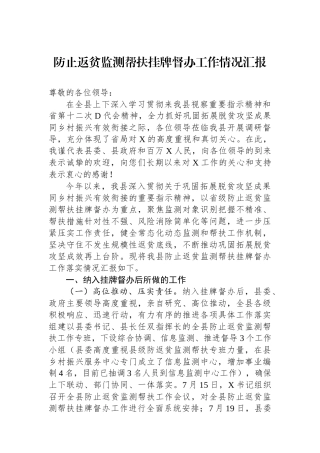 防止返贫监测帮扶挂牌督办工作情况汇报