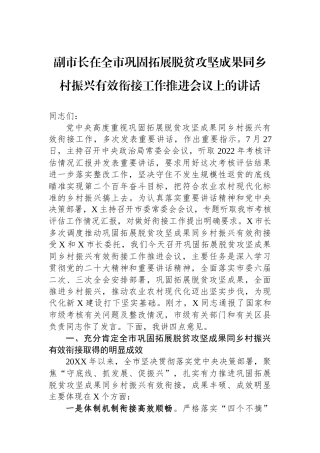 副市长在全市巩固拓展脱贫攻坚成果同乡村振兴有效衔接工作推进会议上的讲话