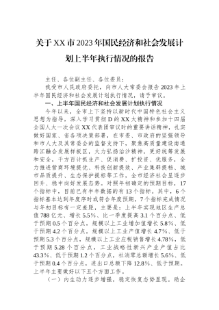 关于XX市2023年国民经济和社会发展计划上半年执行情况的报告
