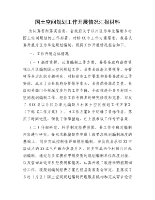 国土空间规划工作开展情况汇报材料