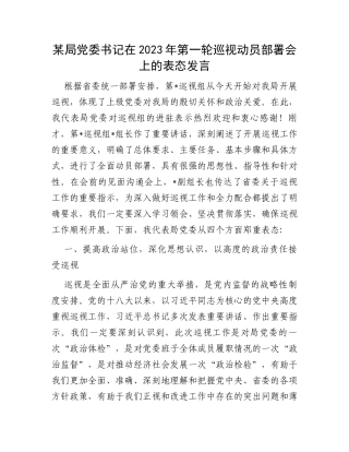 某局党委书记在2023年第一轮巡视动员部署会上的表态发言