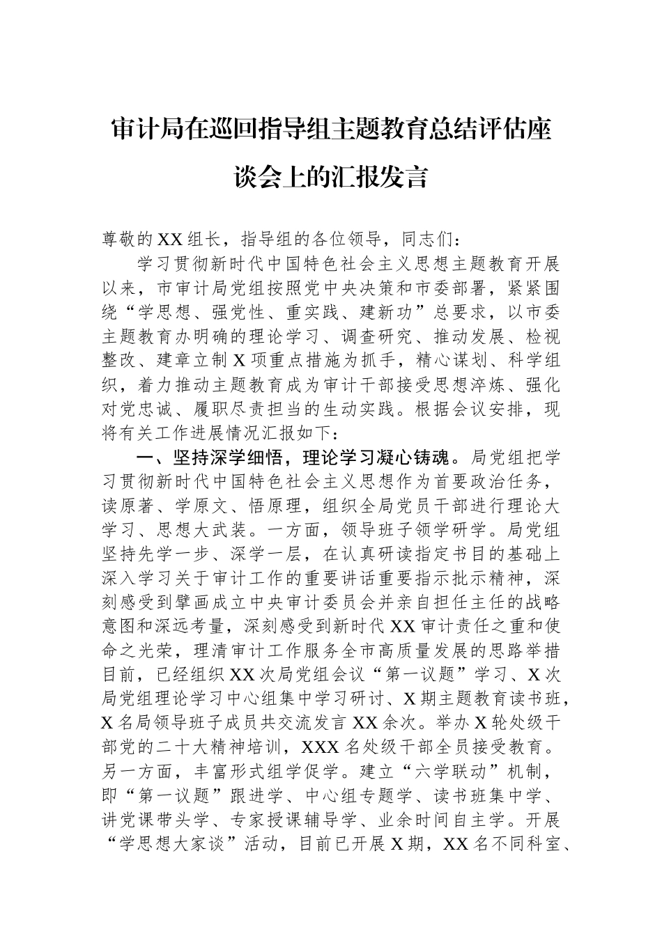 审计局在巡回指导组主题教育总结评估座谈会上的汇报发言_第1页