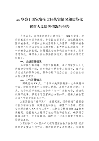 xx乡关于国家安全责任落实情况和防范化解重大风险等情况的报告
