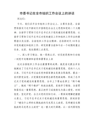 市委书记在全市组织工作会议上的讲话