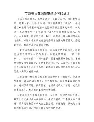 市委书记在调研市政协时的讲话