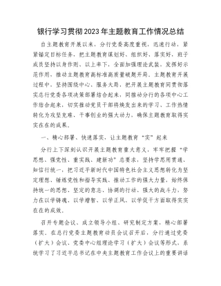 银行学习贯彻2023年主题教育工作情况总结