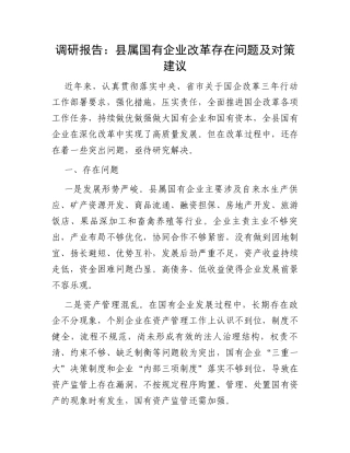 调研报告：县属国有企业改革存在问题及对策建议