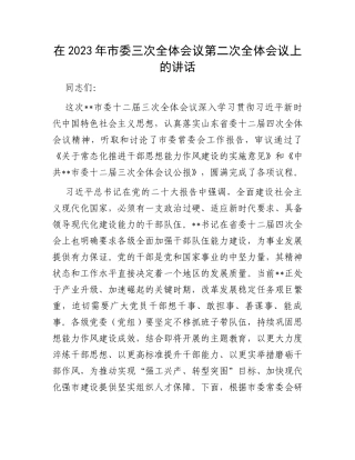 在2023年市委三次全体会议第二次全体会议上的讲话