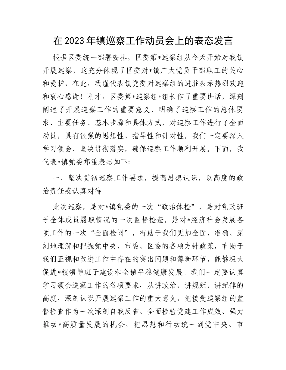 在2023年镇巡察工作动员会上的表态发言_第1页
