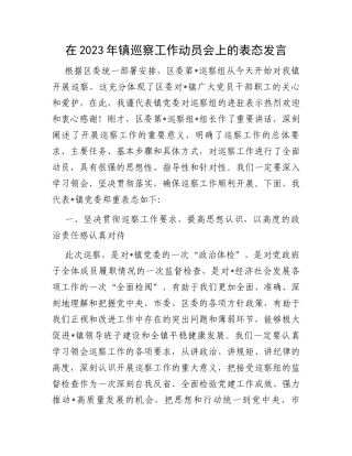 在2023年镇巡察工作动员会上的表态发言