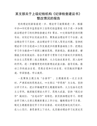 某支部关于上级纪检机构《纪律检查建议书》整改情况的报告