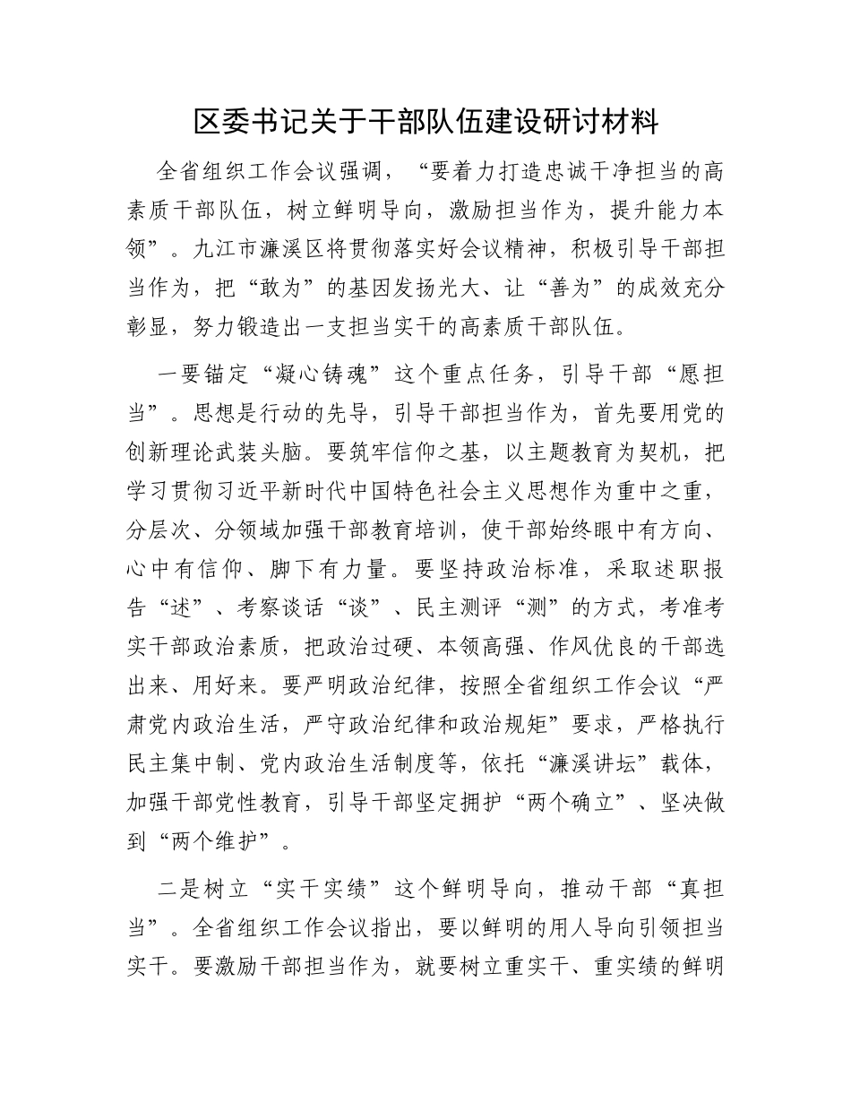 区委书记关于干部队伍建设研讨材料_第1页