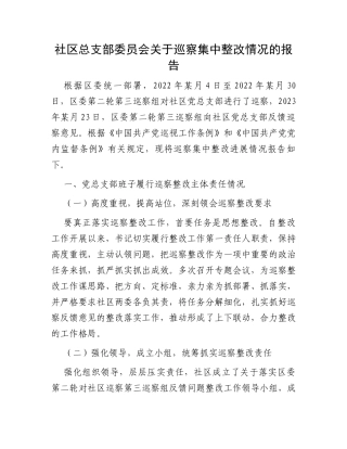 社区总支部委员会关于巡察集中整改情况的报告