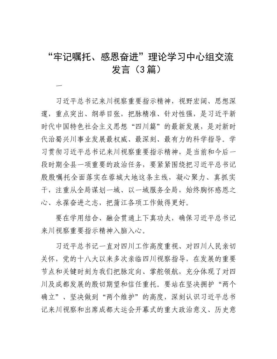“牢记嘱托、感恩奋进”理论学习中心组交流发言（3篇）_第1页