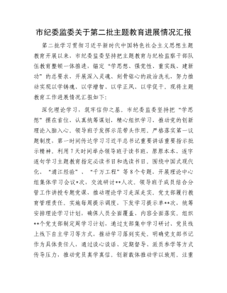 市纪委监委关于第二批主题教育进展情况汇报