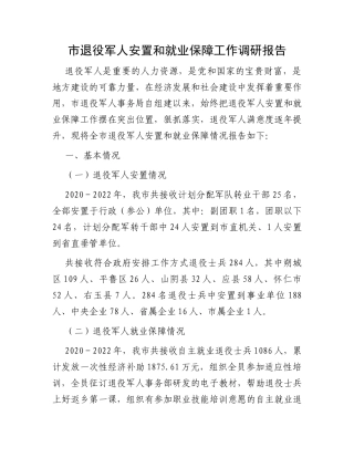 市退役军人安置和就业保障工作调研报告
