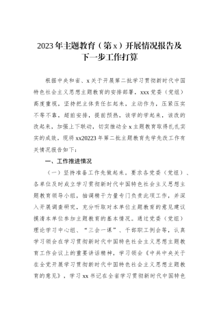 2023年主题教育（第x）开展情况报告及下一步工作打算