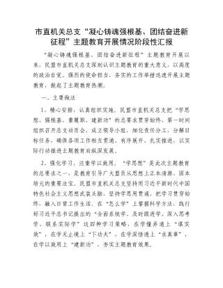 市直机关总支“凝心铸魂强根基、团结奋进新征程”主题教育开展情况阶段性汇报