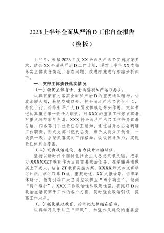 2023上半年全面从严治党工作自查报告（模板）